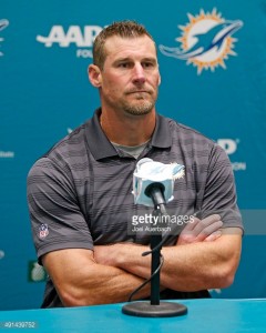 DAVIE, FL - OCTOBER 5: Dan Campbell answers questions from the media after being introduced as interim head coach of the Miami Dolphins on October 5, 2015 at the Miami Dolphins training facility in Davie, Florida. Campbell replaces Joe Philbin as head coach after serving 5 years as the teams tight ends coach. (Photo by Joel Auerbach/Getty Images) *** Local Caption *** Dan Campbell