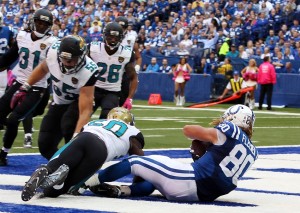 Oct 4, 2015; Indianapolis, IN, USA; Indianapolis Colts tight end Coby Fleener (80) catches a pass for a touchdown against Jacksonville Jaguars linebacker Telvin Smith (50) at Lucas Oil Stadium. Mandatory Credit: Brian Spurlock-USA TODAY Sports