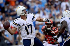 SAN DIEGO, CA- OCTOBER 4: Quarterback Philip Rivers #17 the San Diego Chargers throws the ball against the Cleveland Browns during their NFL Game on October 4, 2015 in San Diego, California. (Photo by Donald Miralle/Getty Images)