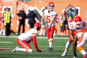 CINCINNATI, OH - OCTOBER 4: Cairo Santos #5 of the Kansas City Chiefs lines up to attempt a field goal during the fourth quarter of the game against the Cincinnati Bengals at Paul Brown Stadium on October 4, 2015 in Cincinnati, Ohio. Cincinnati defeated Kansas City 36-21. John Grieshop/Getty Images/AFP