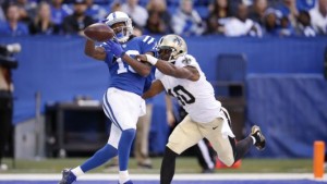 INDIANAPOLIS, IN - OCTOBER 25:  Delvin Breaux #40 of the New Orleans Saints defends a pass in the end zone against T.Y. Hilton #13 of the Indianapolis Colts in the second half of the game at Lucas Oil Stadium on October 25, 2015 in Indianapolis, Indiana. The Saints defeated the Colts 27-21. (Photo by Joe Robbins/Getty Images)