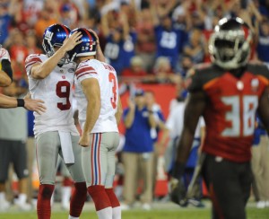 TAMPA, FL - NOVEMBER 8: Punter Brad Wing #9 of the New York Giants congratulates kicker kicker Josh Brown #3 of the New York Giants after a field goal in the fourth quarter at Raymond James Stadium on November 8, 2015 in Tampa, Florida. (Photo by Cliff McBride/Getty Images) *** Local Caption ***Brad Wing;Josh Brown