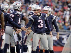 New England Patriots kicker Stephen Gostkowski (3) is congratulated after kicking a field goal against the Tennessee Titans in the second half of an NFL football game, Sunday, Dec. 20, 2015, in Foxborough, Mass. (AP Photo/Steven Senne)