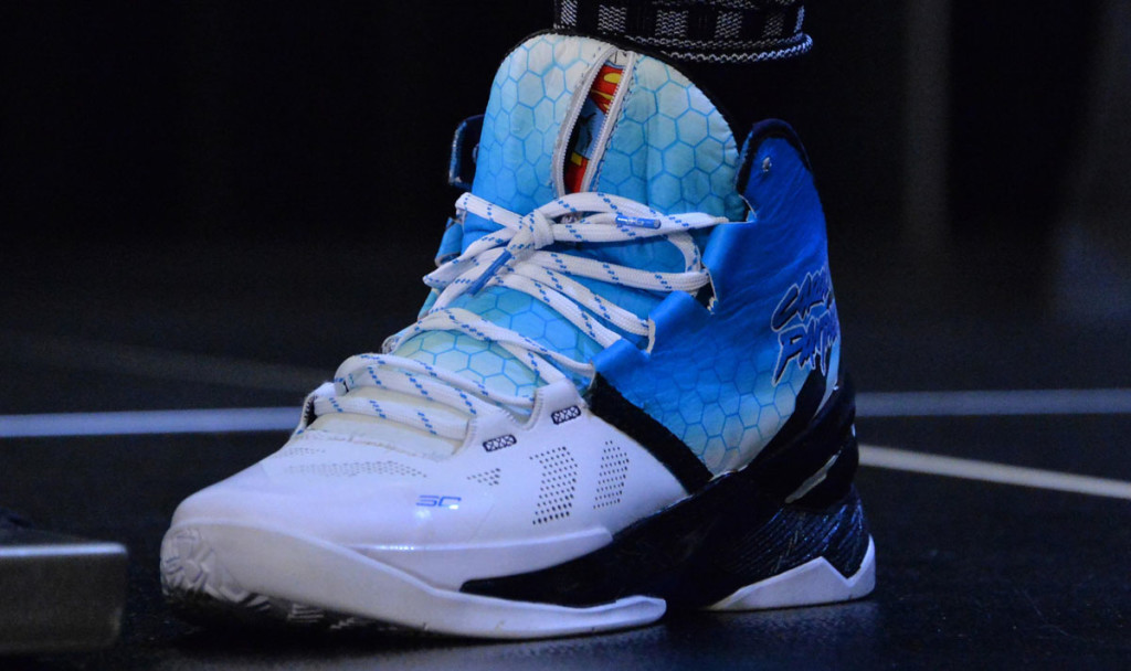 Feb 2, 2016; San Jose, CA, USA; General view of Under Armour shoes of Carolina Panthers quarterback Cam Newton at press conference prior to Super Bowl 50 at the San Jose McNery Convention Center. Mandatory Credit: Kirby Lee-USA TODAY Sports