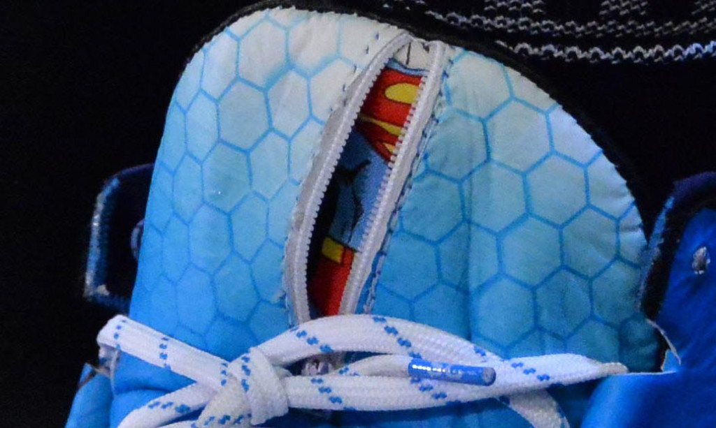 Feb 2, 2016; San Jose, CA, USA; General view of Under Armour shoes of Carolina Panthers quarterback Cam Newton at press conference prior to Super Bowl 50 at the San Jose McNery Convention Center. Mandatory Credit: Kirby Lee-USA TODAY Sports