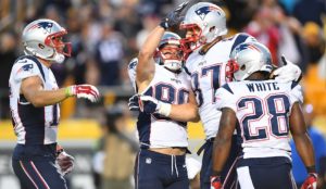 PITTSBURGH, PA - OCTOBER 23:  Rob Gronkowski #87 celebrates his 36 yard touchdown reception with James White #28, Danny Amendola #80 and Chris Hogan #15 in the second half during the game at Heinz Field on October 23, 2016 in Pittsburgh, Pennsylvania. (Photo by Joe Sargent/Getty Images)