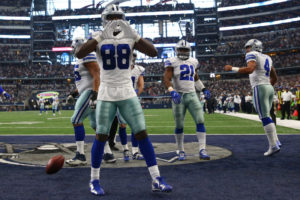 ARLINGTON, TX - NOVEMBER 20:   Dez Bryant #88 of the Dallas Cowboys celebrates after catching a touchdown pass from quarterback Dak Prescott #4 during the third quarter against the Baltimore Ravens at AT&T Stadium on November 20, 2016 in Arlington, Texas.  (Photo by Tom Pennington/Getty Images)