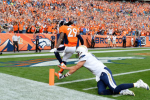 Bradley Roby (29) of the Denver Broncos returns an interception of a pass by Philip Rivers (17) of the San Diego Chargers for a touchdown during the second quarter on Sunday, October 30, 2016. The Denver Broncos hosted the San Diego Chargers. (Photo by John Leyba/The Denver Post)