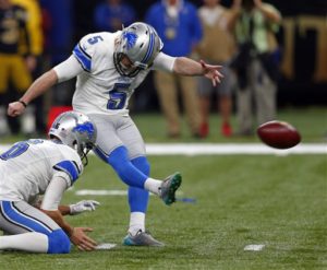 Detroit Lions kicker Matt Prater (5) kicks a field goal in the first half of an NFL football game against the New Orleans Saints in New Orleans, Sunday, Dec. 4, 2016. (AP Photo/Butch Dill)